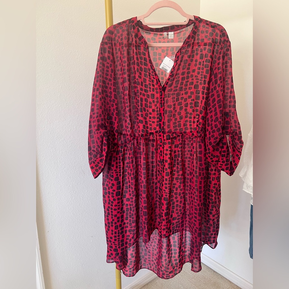 C est 1946 Chic Red & Black Abstract Dot Print Sheer Women's Blouse 22/24W NWT